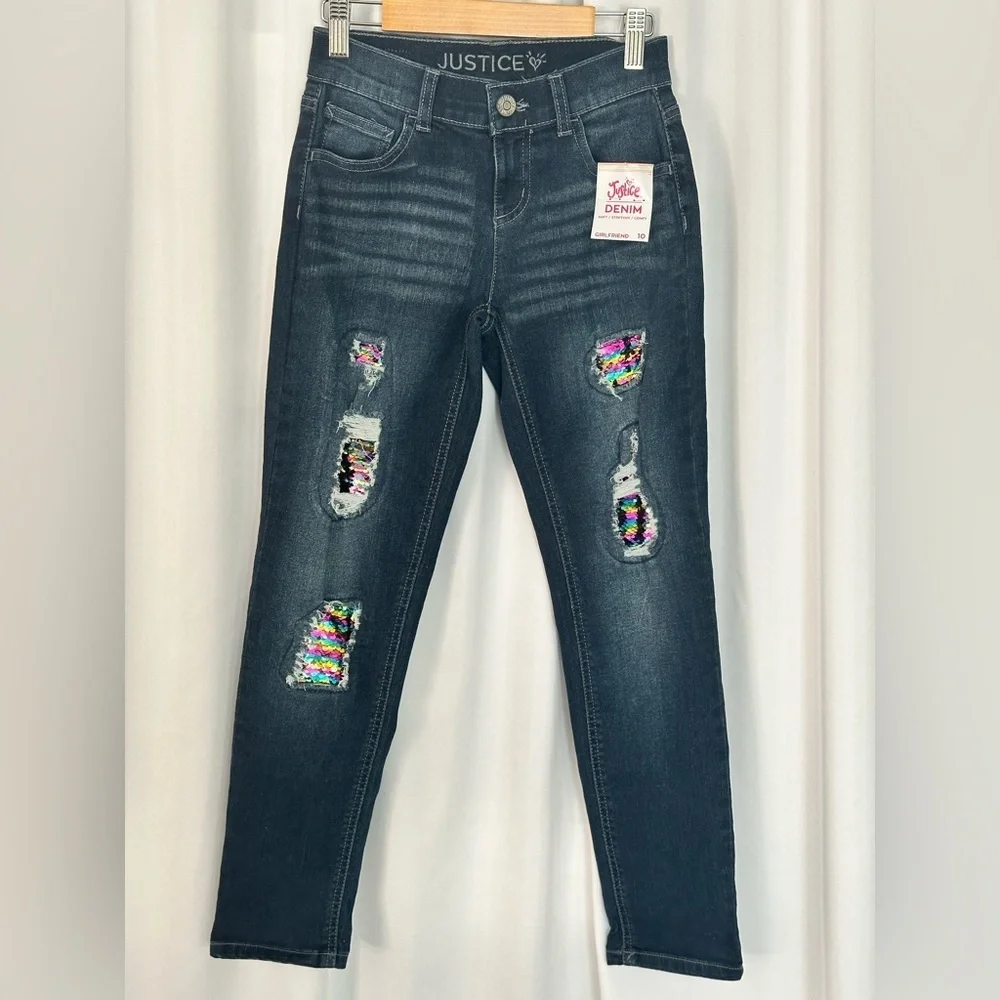 Justice Girls Girlfriend Jeans Size 10 | Rainbow Sequin Distressed Denim (1218)